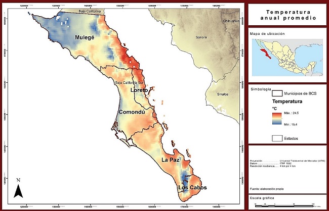 Mapa de temperatura anual promedio (&deg;C) en los muncipios de BCS