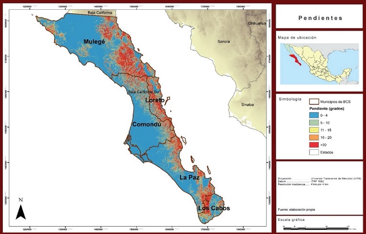 Mapa de pendientes en grados angulares en los municipios de BCS