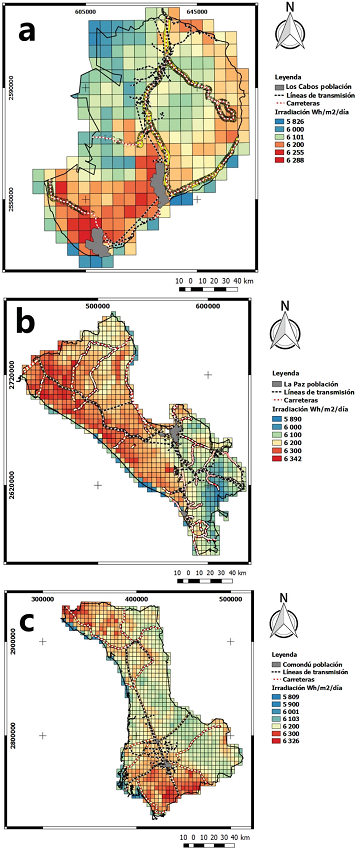 Irradiaci&oacute;n horizontal global (IHG) anual promedio (kW h/m2/d&iacute;a) en Los Cabos (a), La Paz (b) y Comond&uacute; (c), 1998-2014