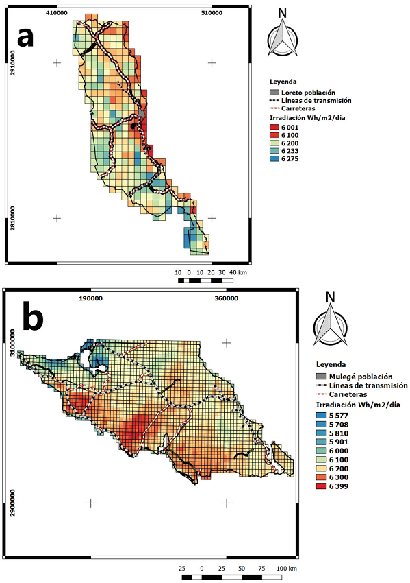 Irradiaci&oacute;n horizontal global (IHG) anual promedio (kW h/m2/d&iacute;a) en Loreto (a) y Muleg&eacute; (b), 1998-2014