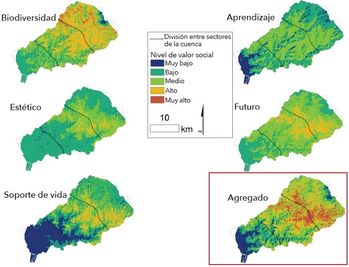 Mapas de la distribuci&oacute;n espacial de las intensidades de los cinco principales valores sociales en la cuenca del Savegre, seg&uacute;n el &iacute;ndice de valores sociales de SolVES