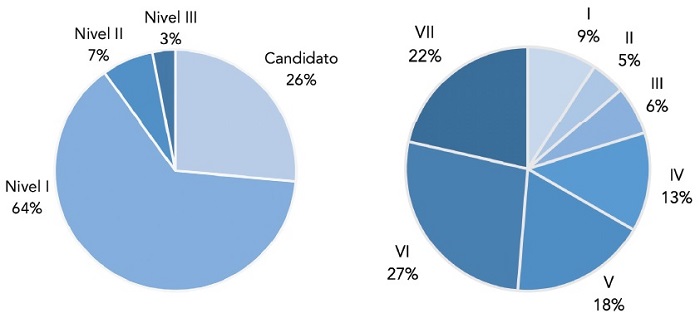 Nivel de los investigadores del Sistema Nacional de Investigadores y distribuci&oacute;n por &aacute;rea de conocimiento. Porcentajes de 2017