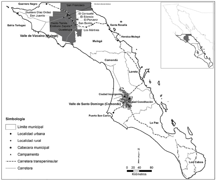 Localizaci&oacute;n del valle de Santo Domingo, municipio de Comond&uacute;, y el valle de Vizca&iacute;no, municipio de Muleg&eacute;, Baja California Sur