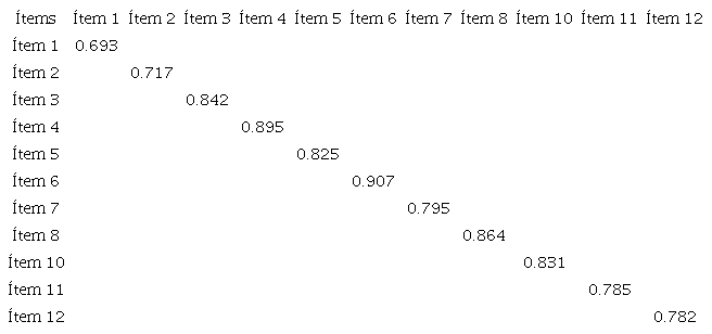 Matriz de correlaci&oacute;n anti-imagen de las variables del instrumento