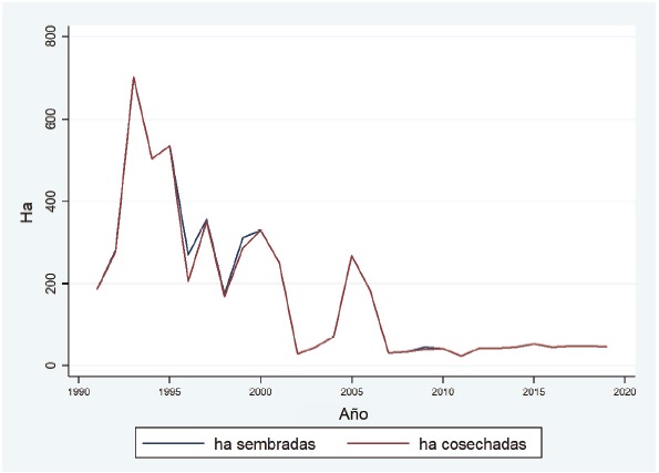 Producción de zempoalxóchitl en Oaxaca, 1992-2019