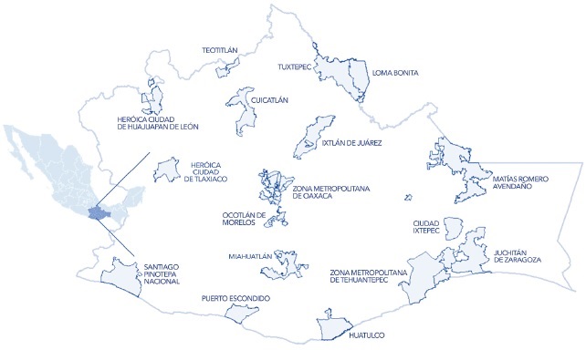 Ubicaci&oacute;n geogr&aacute;fica de las ciudades de Oaxaca