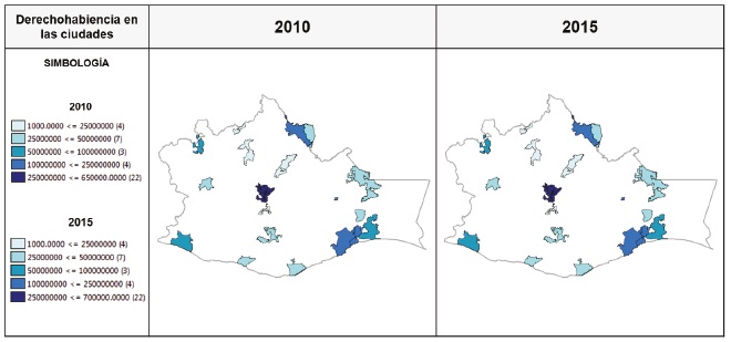 Derechohabiencia en las ciudades, 2010-2015