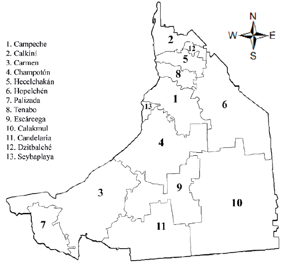 Mapa de los municipios de Campeche
