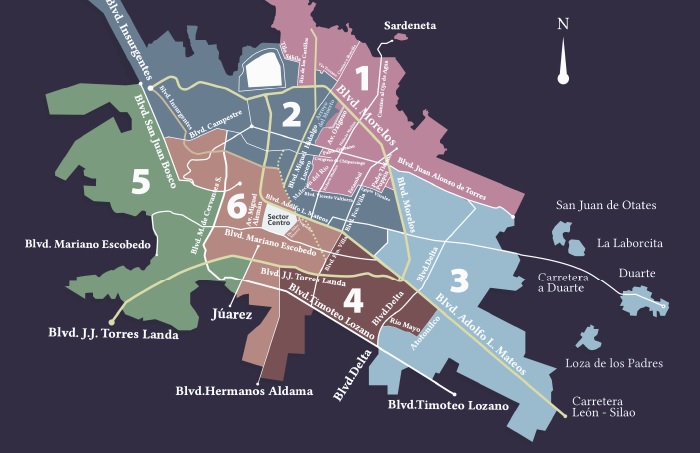 Sectores del servicio urbano de recolecci&oacute;n de residuos dom&eacute;sticos en Le&oacute;n, Guanajuato