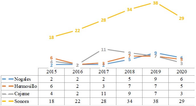 N&uacute;mero de feminicidios por ciudad, 2015-2020