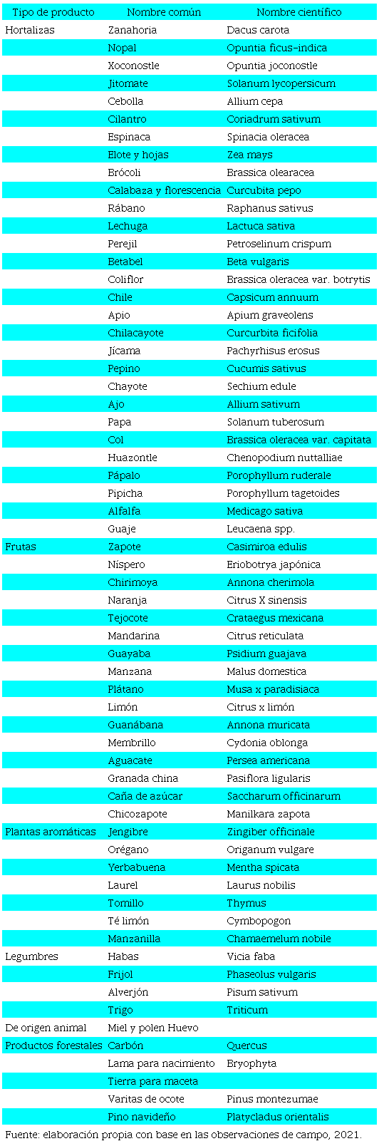Productos vendidos en el mercado de Santiago Mixquitla