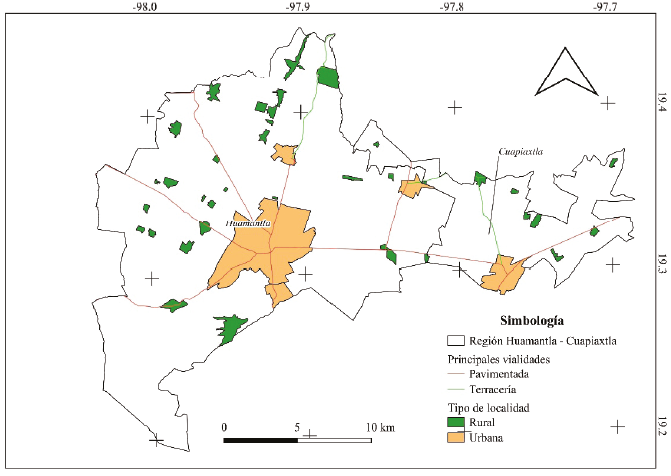 Localidades urbanas y rurales en la región Huamantla-Cuapiaxtla