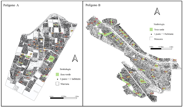 Parques ubicados en los polígonos A y B y la relación de habitantes por manzana, 2021