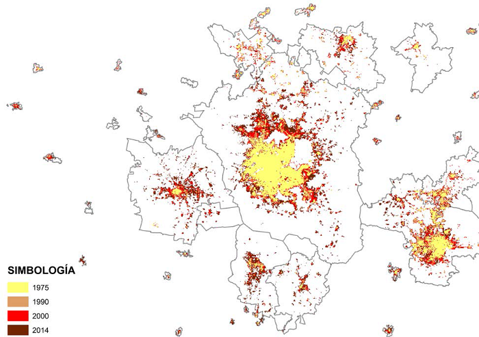 Imagen ilustrativa que muestra las capas de datos satelitales a 250 m, vectorizadas y agregadas a escala del SUN para el cálculo de la expansión urbana 1975, 1990, 2000 y 2014.