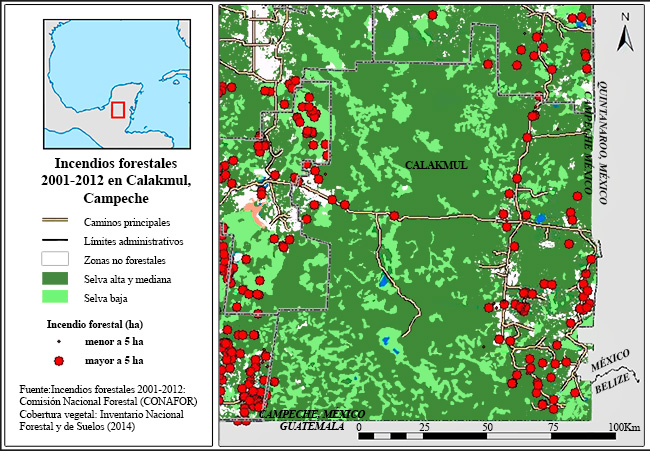 Localizaci&oacute;n del
municipio de Calakmul y los incendios forestales de la regi&oacute;n