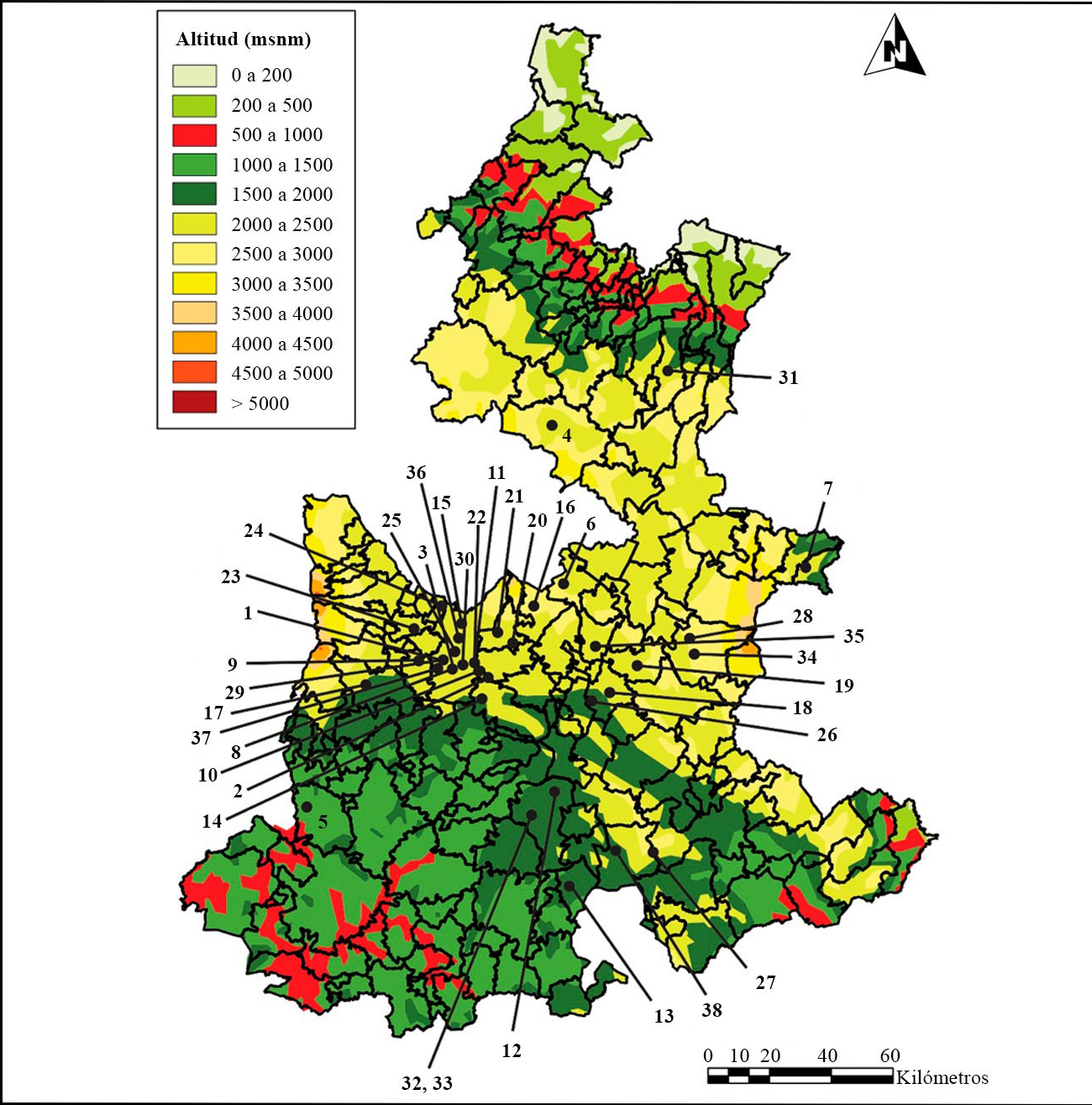 Mapa hipsom&eacute;trico que
muestra las localidades fosil&iacute;feras con presencia de Mammuthus columbi en Puebla, M&eacute;xico