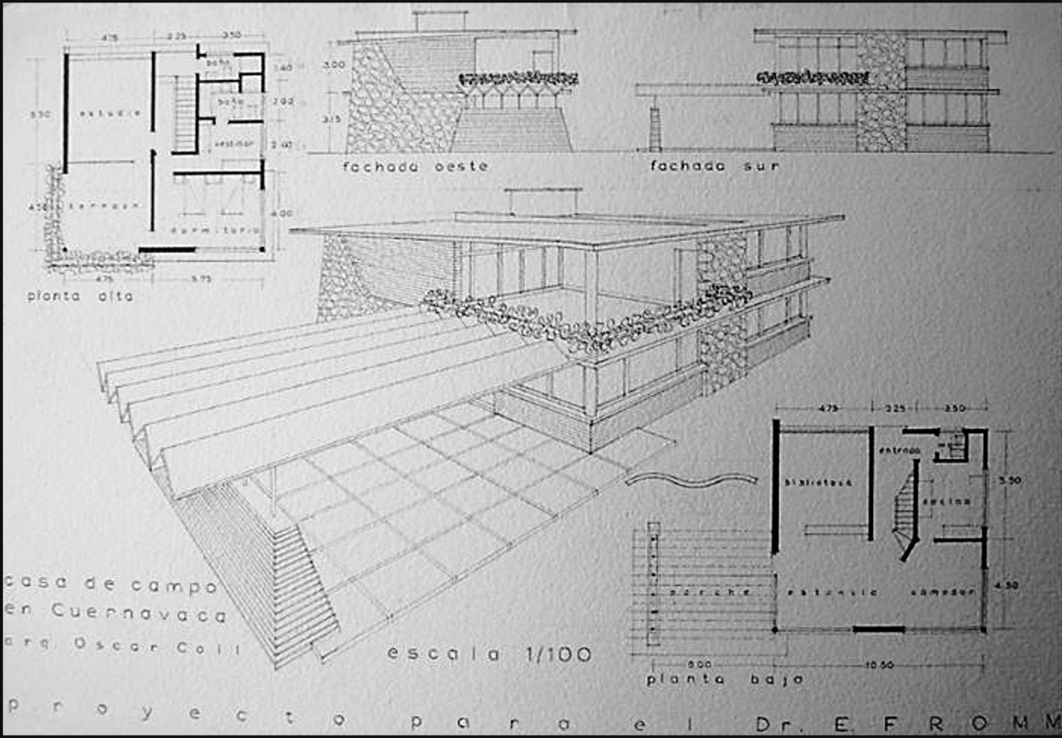 Plantas, fachadas y perspectiva de la casa para Erich Fromm. Arquitecto Oscar Coll Alas 
