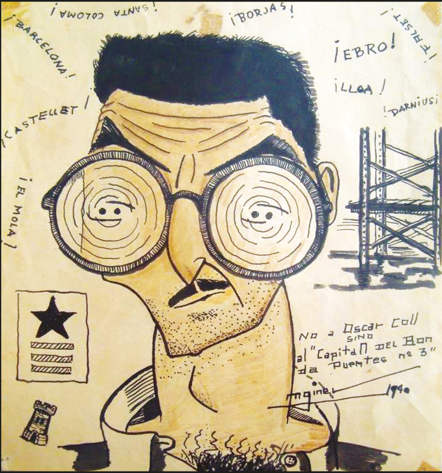 Caricatura del capit&aacute;n arquitecto Oscar Coll alusiva a su participaci&oacute;n en la construcci&oacute;n de los puentes sobre el r&iacute;o Ebro durante la Guerra Civil 