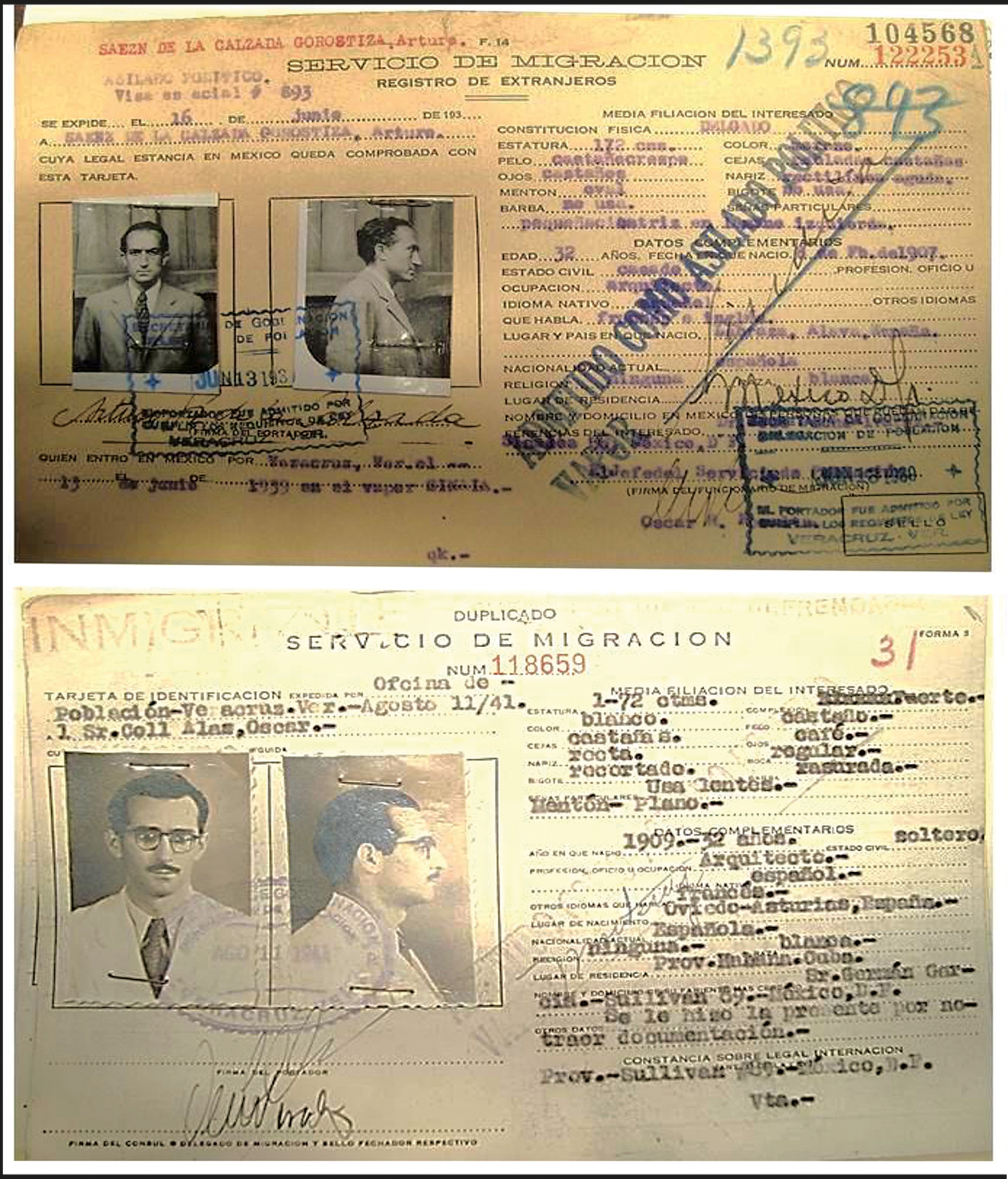 Documentos migratorios de los arquitectos Arturo S&aacute;enz de la Calzada y Oscar Coll, emitidos al llegar a M&eacute;xico 