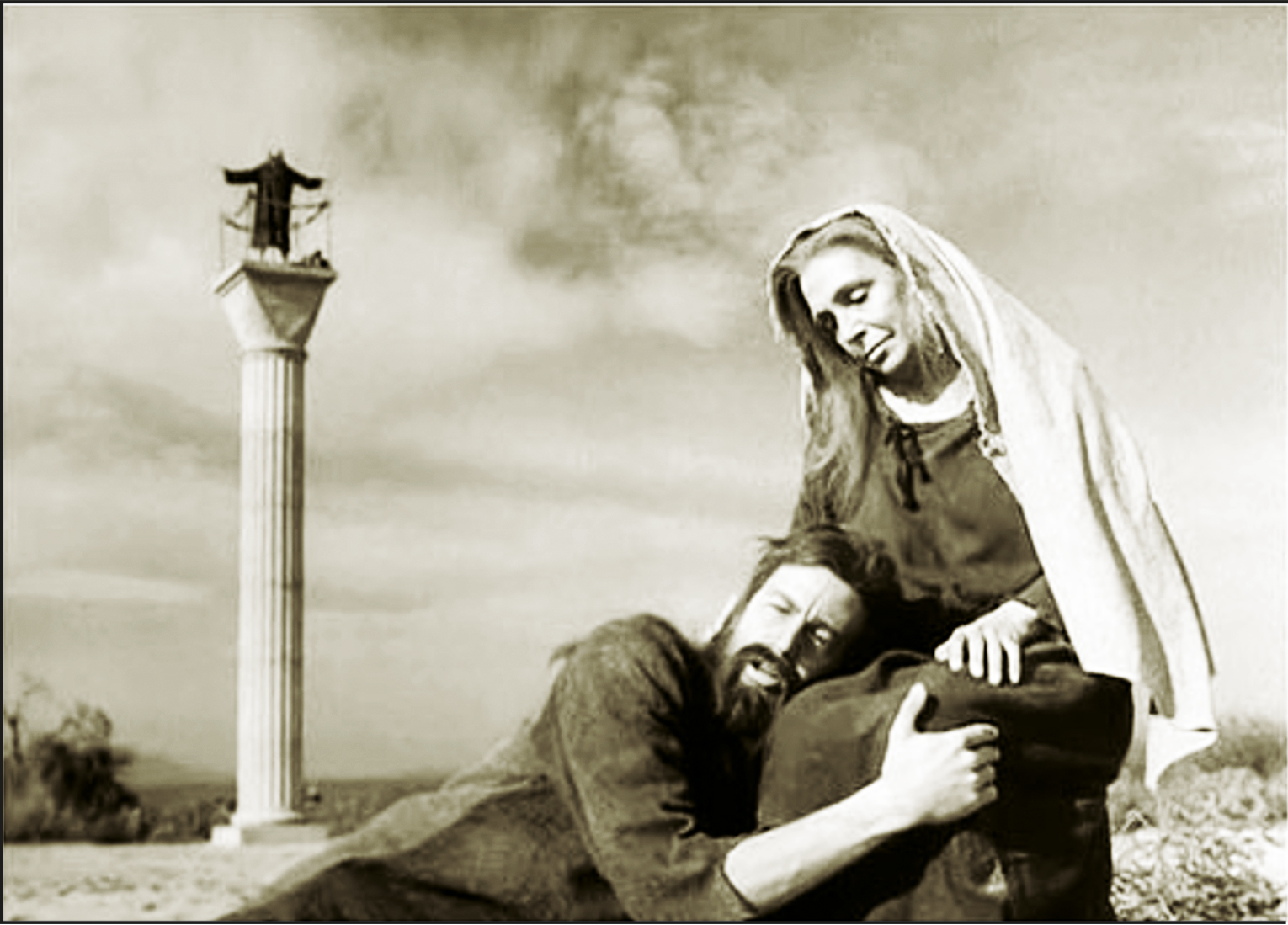 Imagen de la pel&iacute;cula Sim&oacute;n del desierto dirigida por Bu&ntilde;uel y fotografiada por Gabriel Figueroa, donde se observa la columna que el arquitecto S&aacute;enz de la Calzada dise&ntilde;&oacute; para el filme 