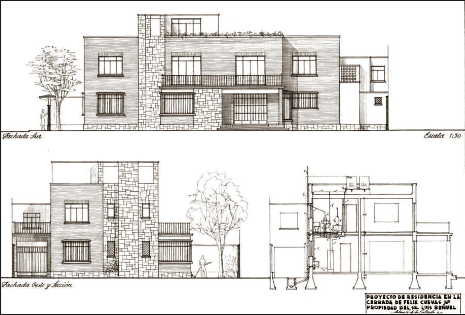 Fachada principal, lateral y corte arquitect&oacute;nico de la casa Bu&ntilde;uel. Arquitecto Arturo S&aacute;enz de la Calzada 