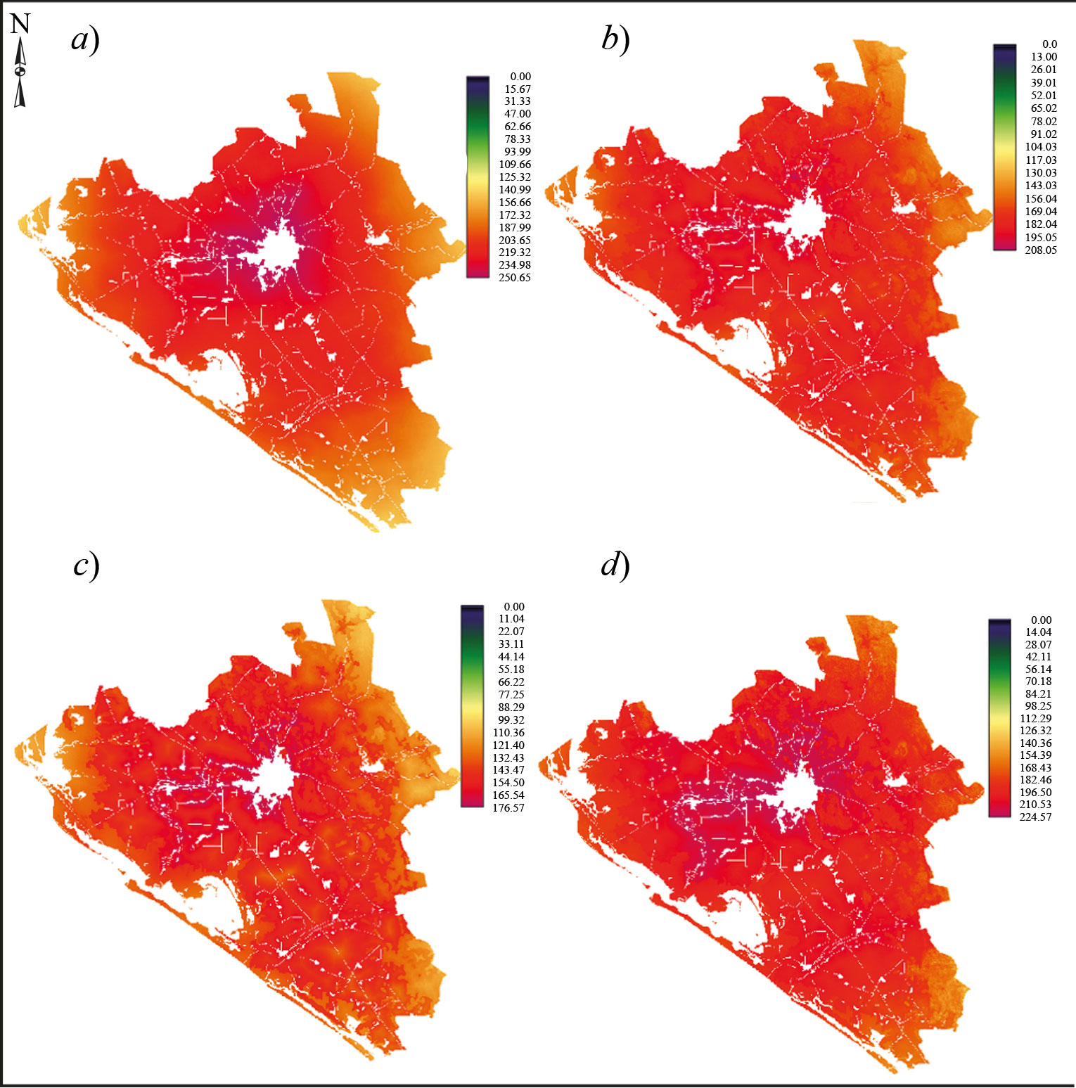 Different aptitude maps resulting of OWA: a) scenario 1, b) scenario 10, c) scenario 20, d) scenario 30