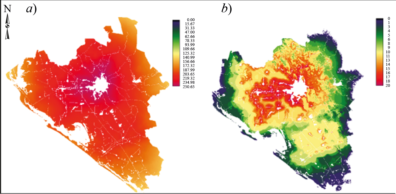 a) Aptitude scenario map 1 using OWA and b) frequency map of the 31 simulated maps