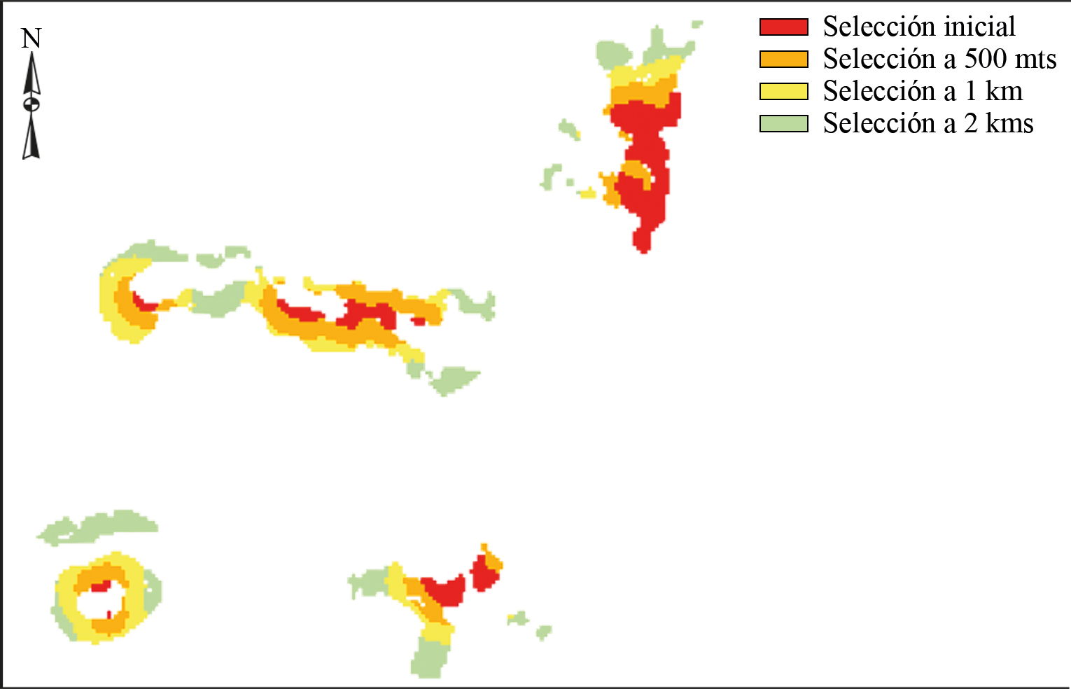 Final map with selection by distance with the categories of: initial selection, distance of 500 mts, 1 km and 2 kms