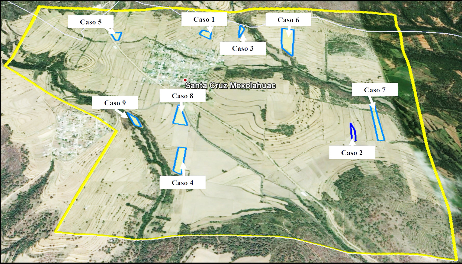 Delimitaci&oacute;n del territorio de Santa Cruz Moxolahuac y los nueve casos de estudio 