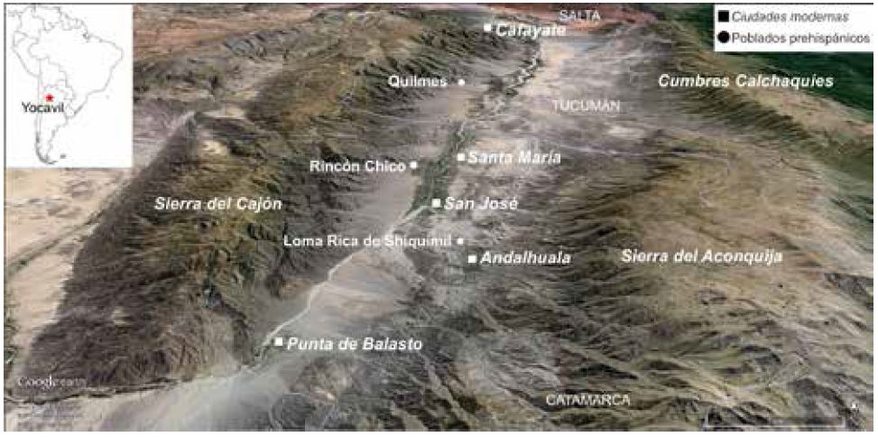 Mapa del valle de Yocavil con la ubicación de algunas ciudades modernas y poblados prehispánicos