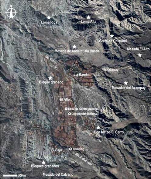 Imagen satelital de Andalhuala. Las estrellas indican sitios arqueológicos