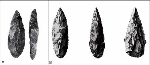 a. Punta Ampajanguense (adaptado de Cigliano et al. 1962, figura 59); b. puntas Ayampitín (adaptado de González 1952, lámina 13). Originales sin escala