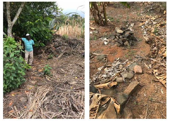 Sitio Real de Minas de Santa Mar&iacute;a. Der.: &aacute;rea de la capilla y ruinas de murallas en piedra del real de minas. Izq.: ladrillos y ruinas de la capilla