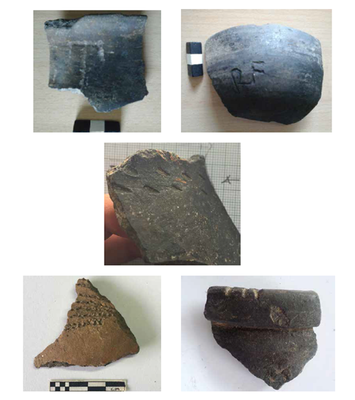 Cer&aacute;micas afro. Arriba: marcas de letras inscritas en poscocci&oacute;n, conventos El Carmen y La Encarnaci&oacute;n, Popay&aacute;n. Mitad: cer&aacute;micas con incisiones (escarificaci&oacute;n). Abajo izq.: cer&aacute;mica con incisiones seguidas que simulan escarificaci&oacute;n. Abajo der.: cer&aacute;mica con tres incisiones en cuenco, similares a estatuilla con escarificaci&oacute;n yoruba, Nigeria, marca &eacute;tnica.