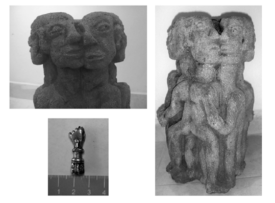 Arriba izq. y der.: escultura en piedra (55 cm) (detalle superior y vista completa). Abajo der.: talism&aacute;n en metal.