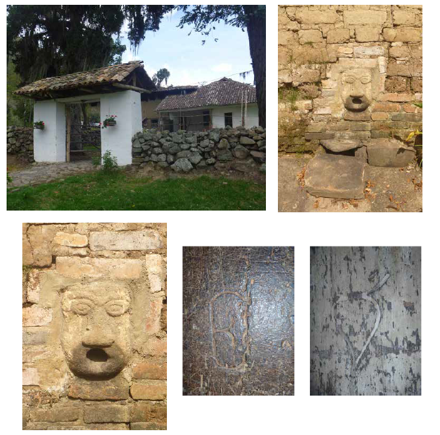 Hacienda Coconuco. Elementos africanos en el &aacute;rea de servicios. Arriba izq.: fachada de la hacienda. Arriba der.: escultura afro en el chorro de la hacienda. Abajo izq.: detalle escultura afro en el chorro. Abajo centro y der.: marcas de s&iacute;mbolos en puertas de madera de la cocina.