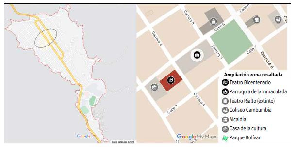 Mapa de la cabecera municipal de Aguadas y croquis de las manzanas centrales