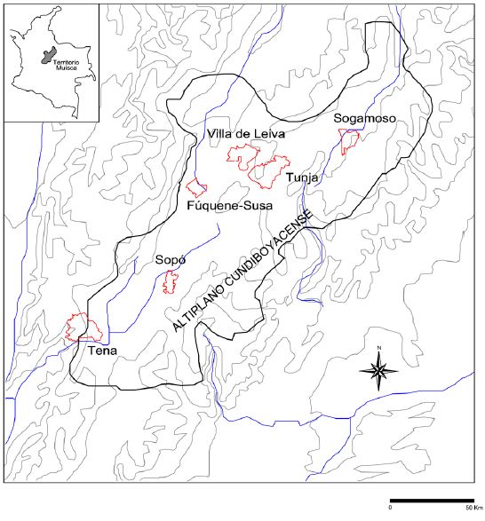 Localizaci&oacute;n del altiplano cundiboyacense y las seis regiones mencionadas en el texto