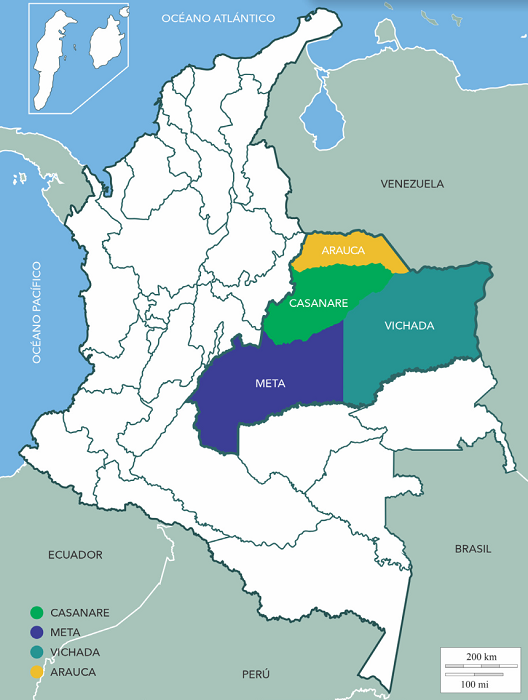La regin de los Llanos Orientales de Colombia, compuesta por los departamentos de Meta, Casanare, Vichada y Arauca