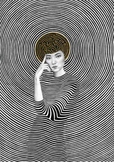 • Un laberinto chicas: Ottavia, lápiz/marcador negro y dorado sobre papel, Buenos Aires (Argentina), 2017 | Autora: Sofía Bonati. Tomado de: Behance