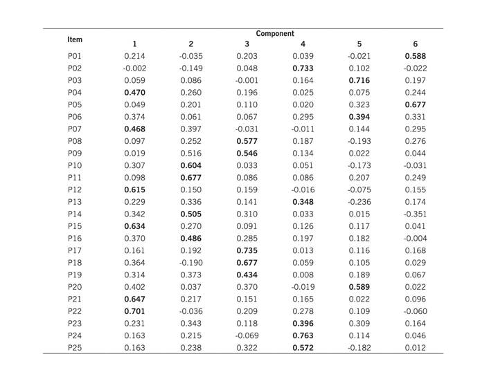 Rotated components matrix of the 25 items from the TCCNI Spanish version 