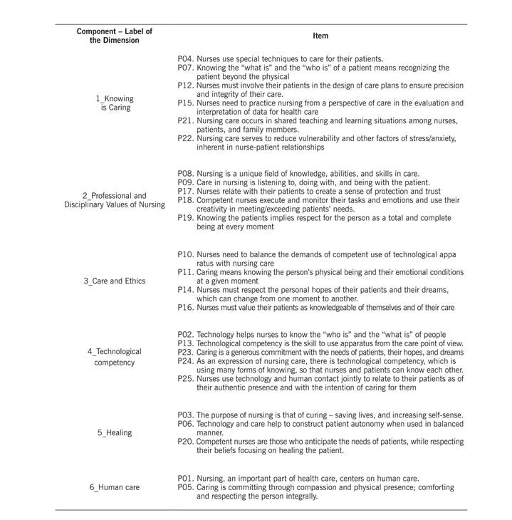 Distribution of items from the TCCNI scale Spanish version by dimensions