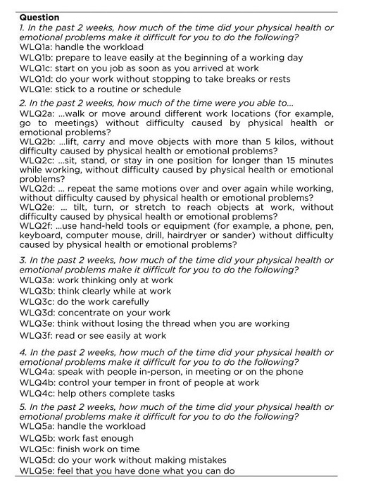 Items that make up the WLQ. Porto Alegre, 2016.