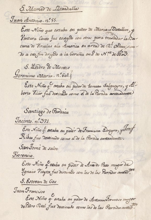 Document extracted from the Foundling Hospital Real (1803-1804). Information corresponding to the children who were selected to carry the vaccine to America in the Royal Philanthropic Expedition of the Smallpox Vaccine 15