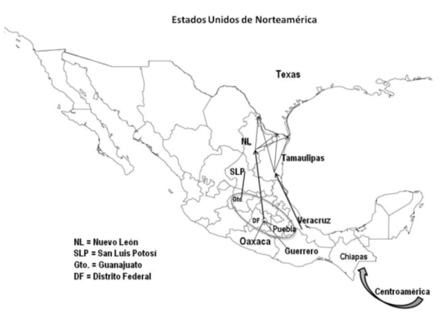Rutas de tránsito de mujeres
mexicanas migrantes indocumentadas