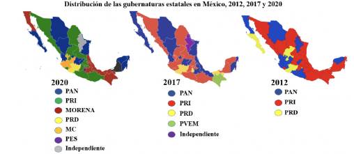 Distribución de las gubernaturas estatales en México por partido político 2012, 2017 y 2020.