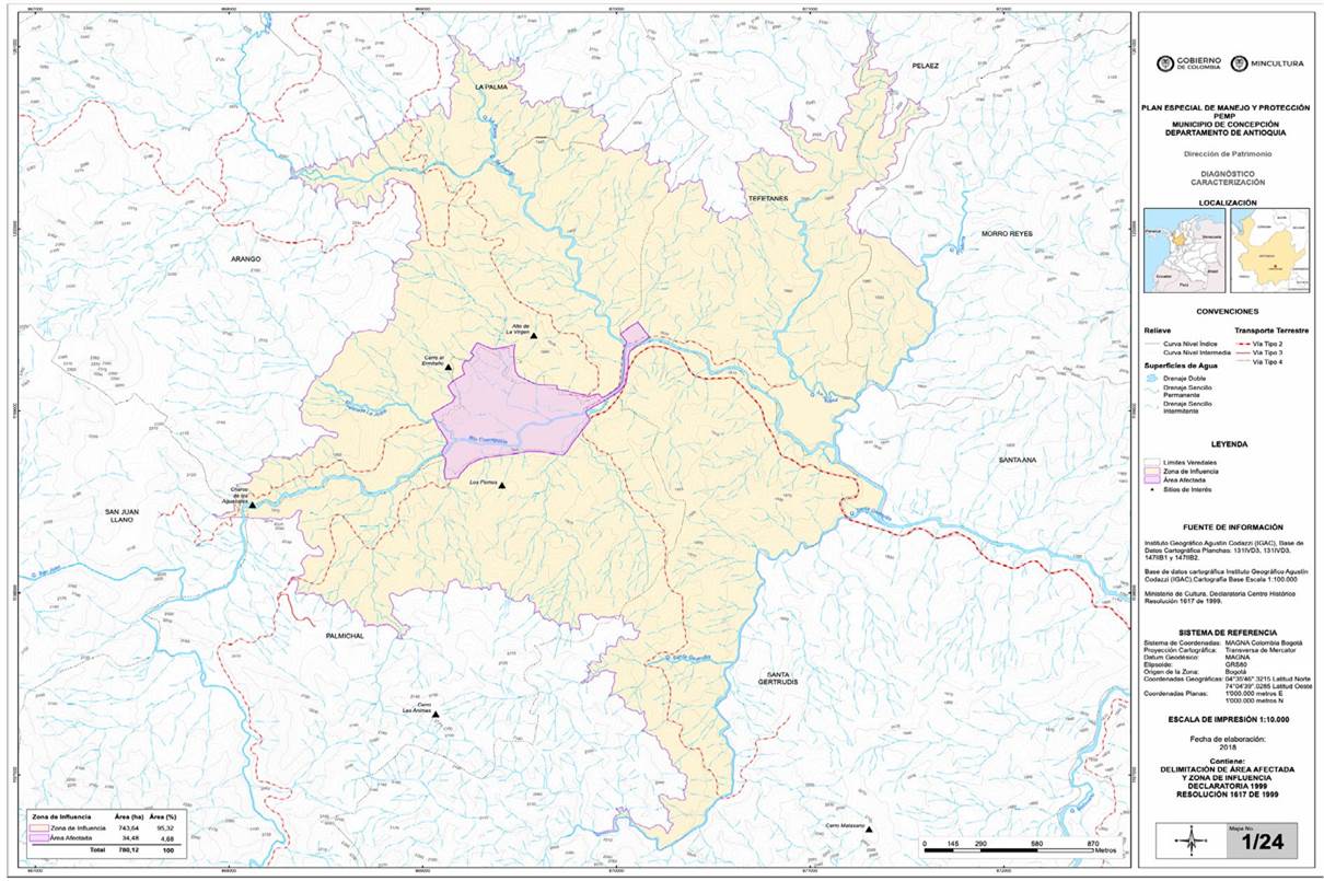 Delimitación de área afectada y zona de influencia de la declaratoria de 1999, Concepción en Antioquia, Colombia.