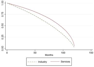 Kaplan-meier survival estimates by sector of activity