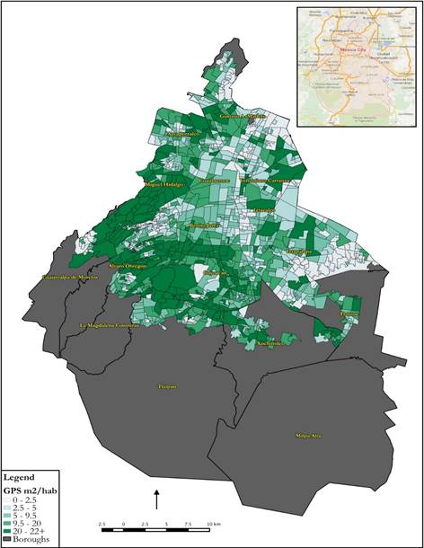 Green public space distribution in the Distrito Federal per census tract