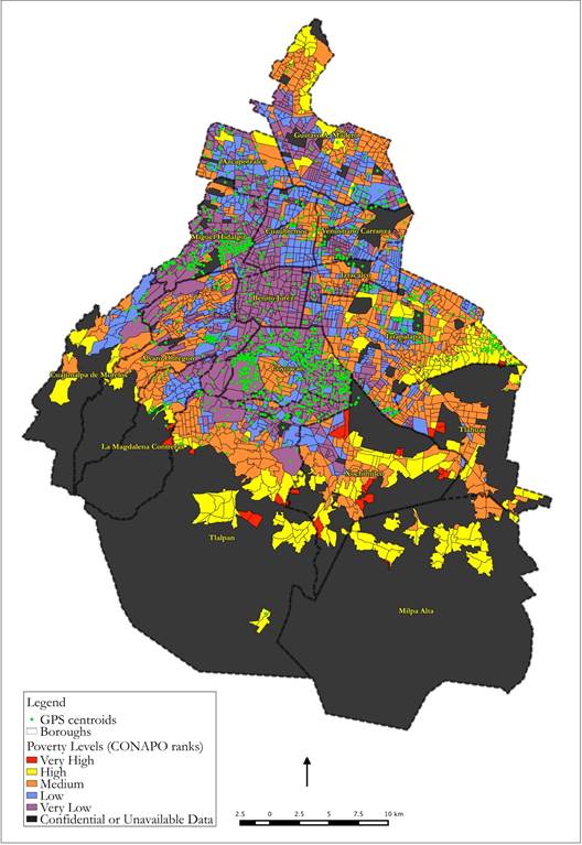 Poverty levels and GPS centroids per colony